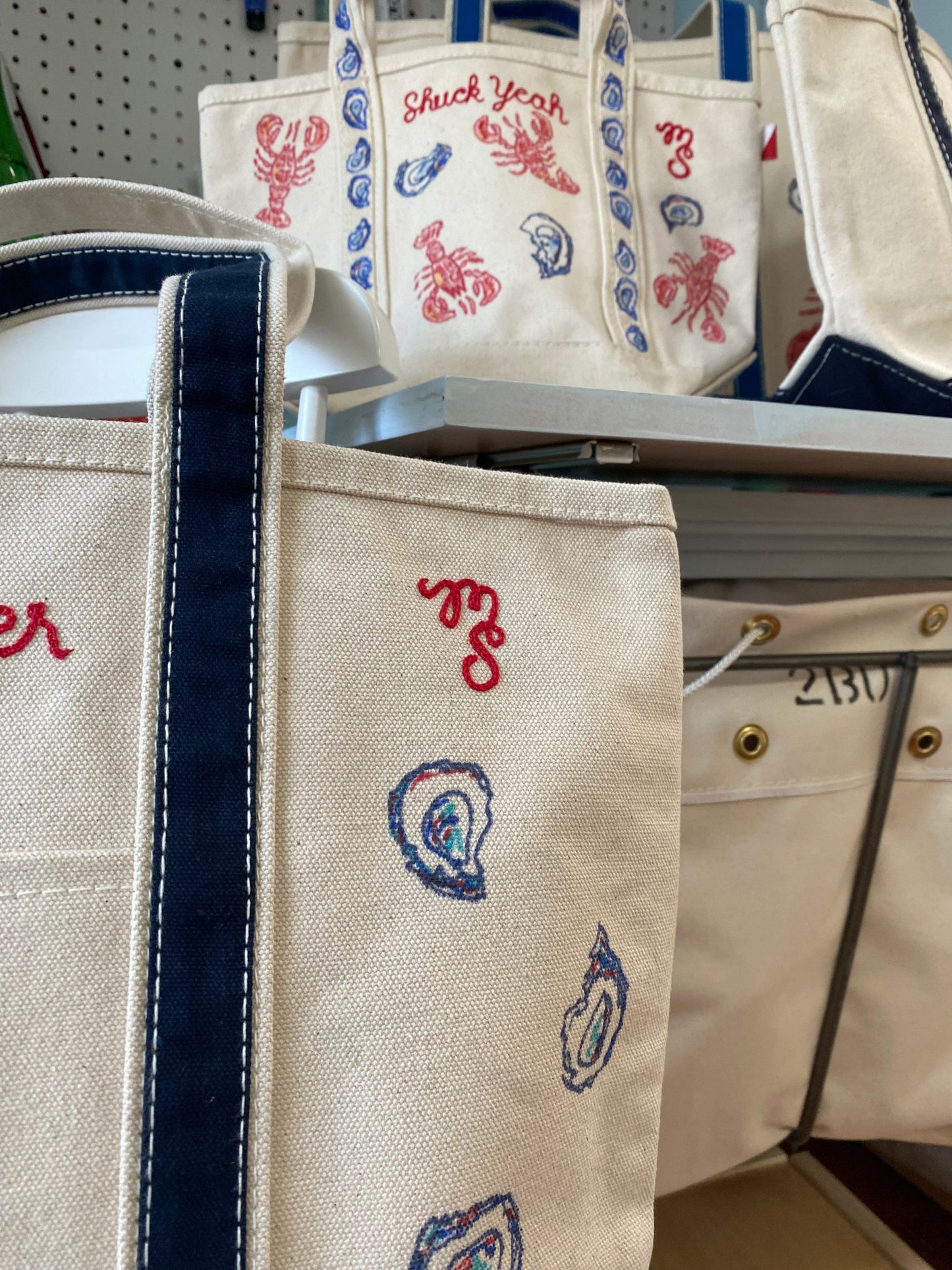 Maker / Scholar Navy Straps Mothershucker Large Hand Painted Tote