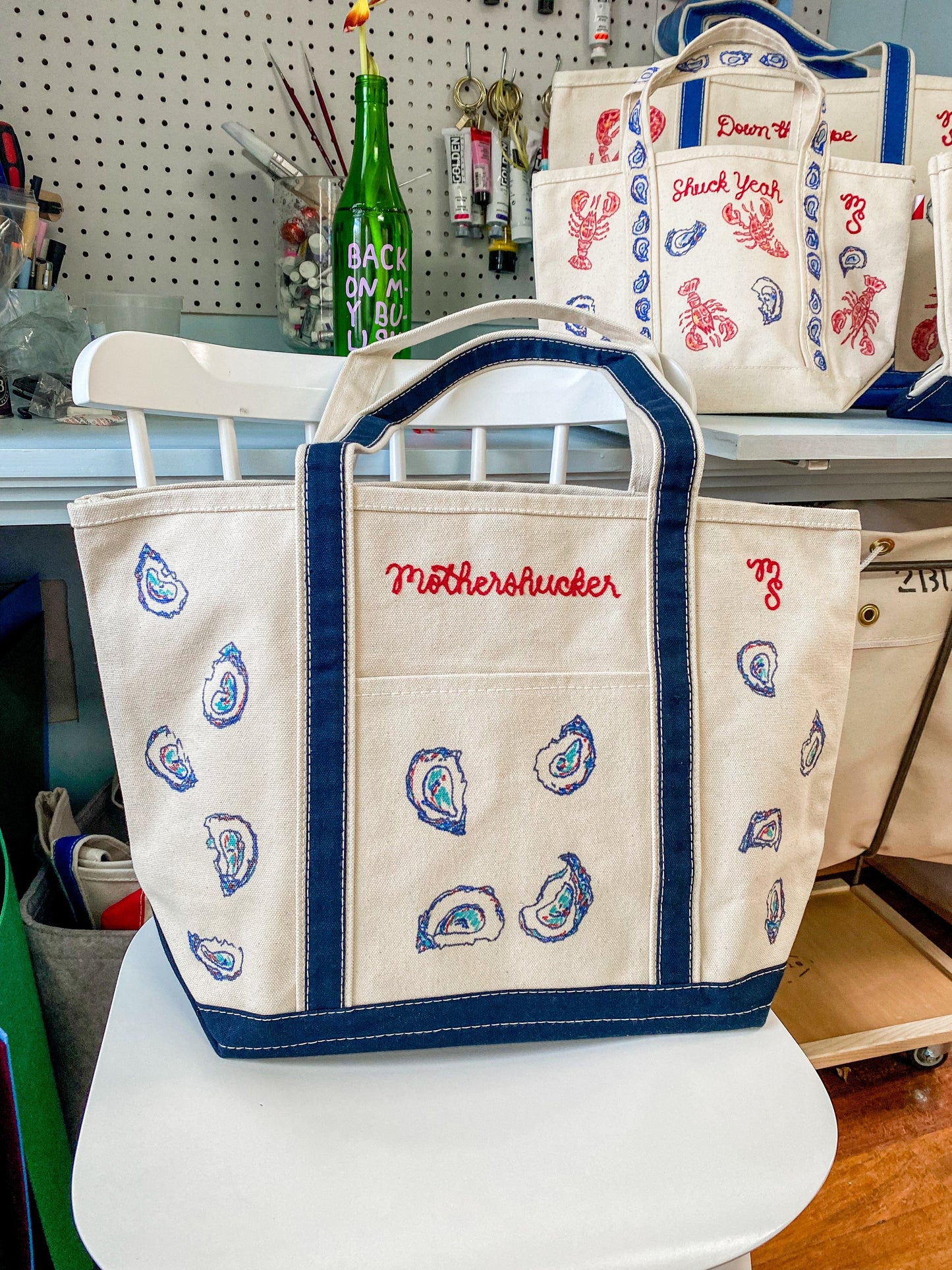 Maker / Scholar Navy Straps Mothershucker Large Hand Painted Tote