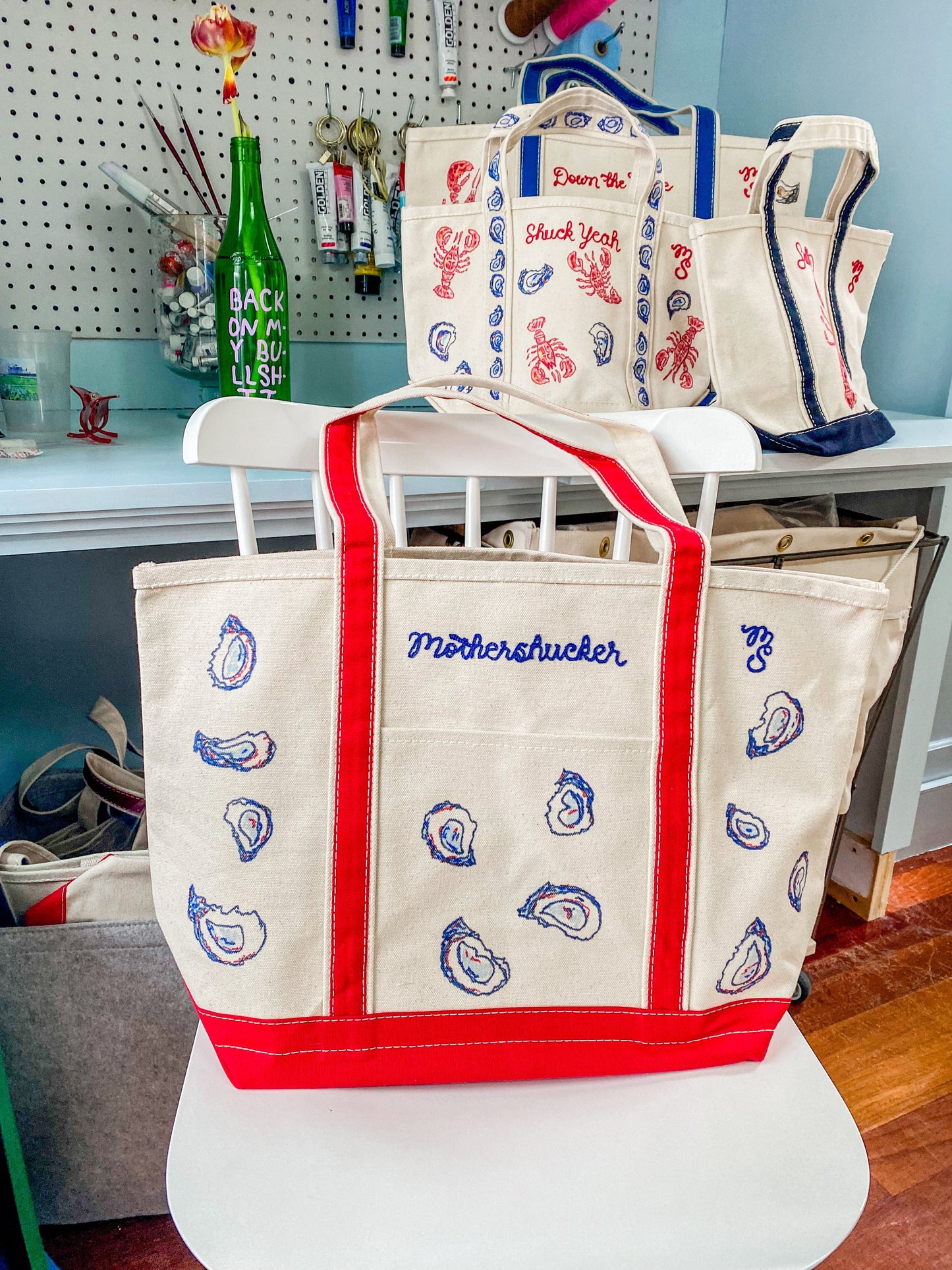Maker / Scholar Red Straps Mothershucker Large Hand Painted Tote