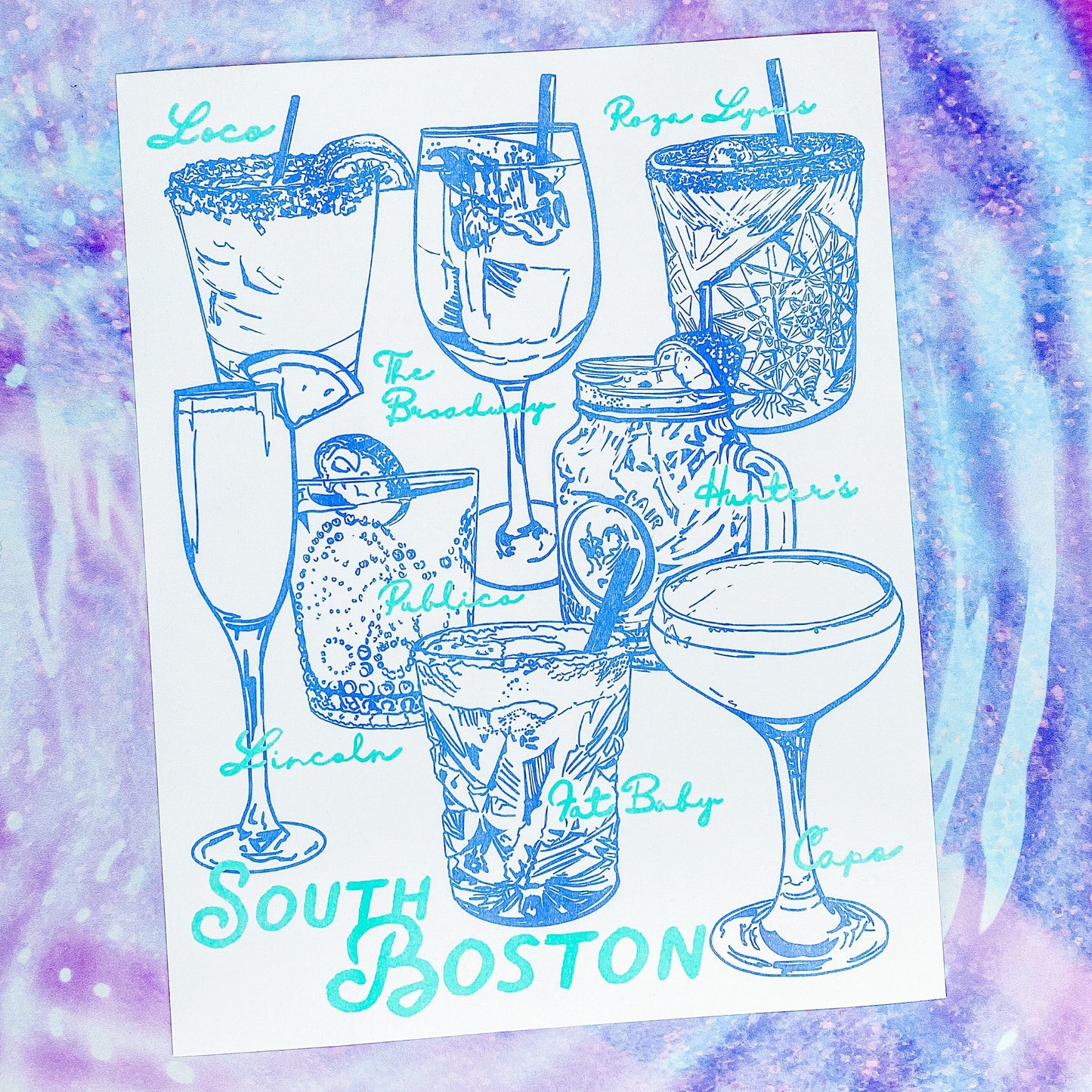 Maker / Scholar Southie Sips | Fine Art Risograph Print (multiple sizes) | Cornflower Blue & Mint