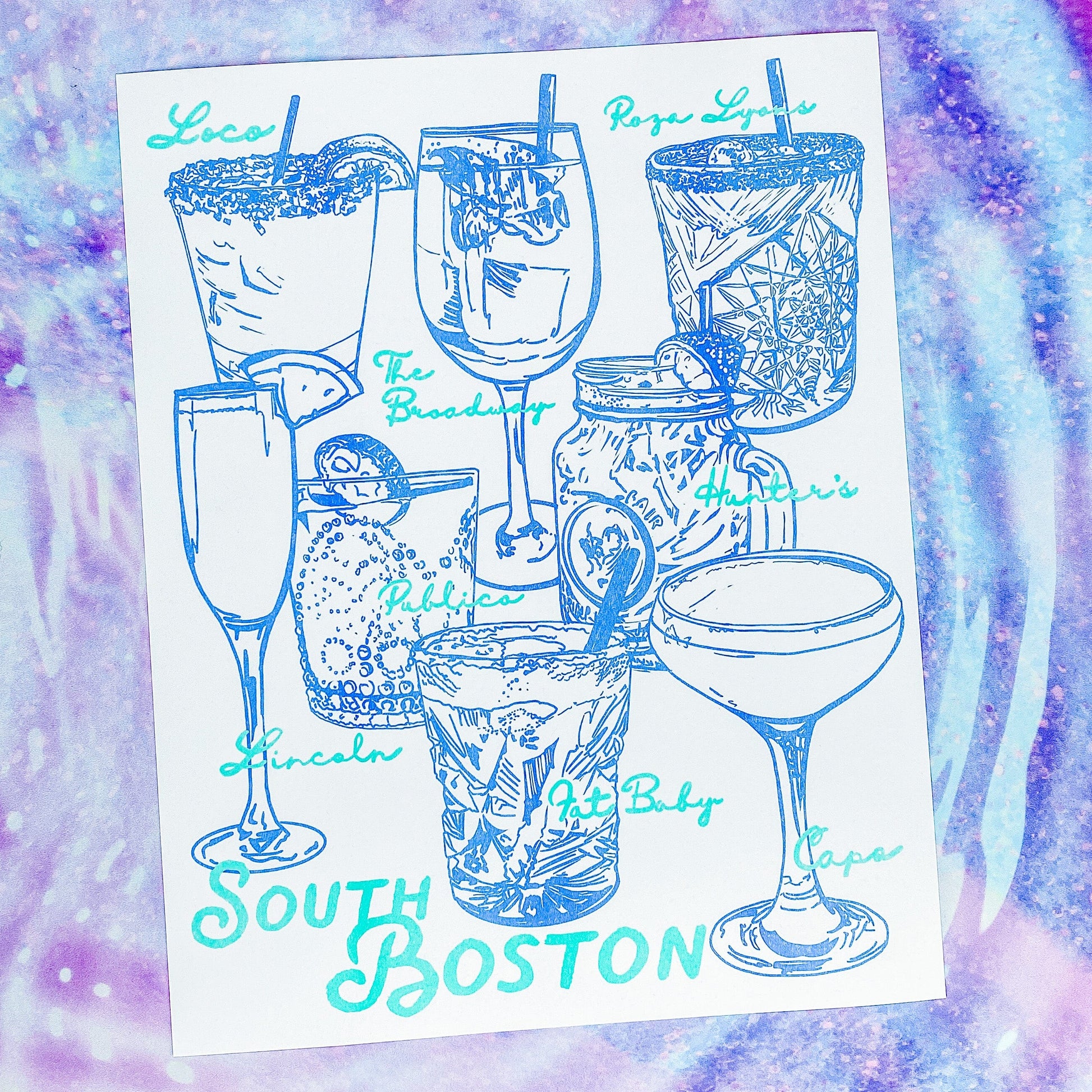 Maker / Scholar Southie Sips | Fine Art Risograph Print (multiple sizes) | Cornflower Blue & Mint