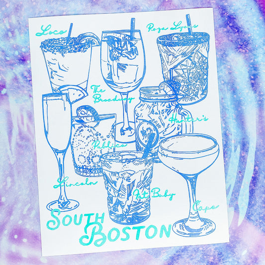 Maker / Scholar Southie Sips | Fine Art Risograph Print (multiple sizes) | Cornflower Blue & Mint