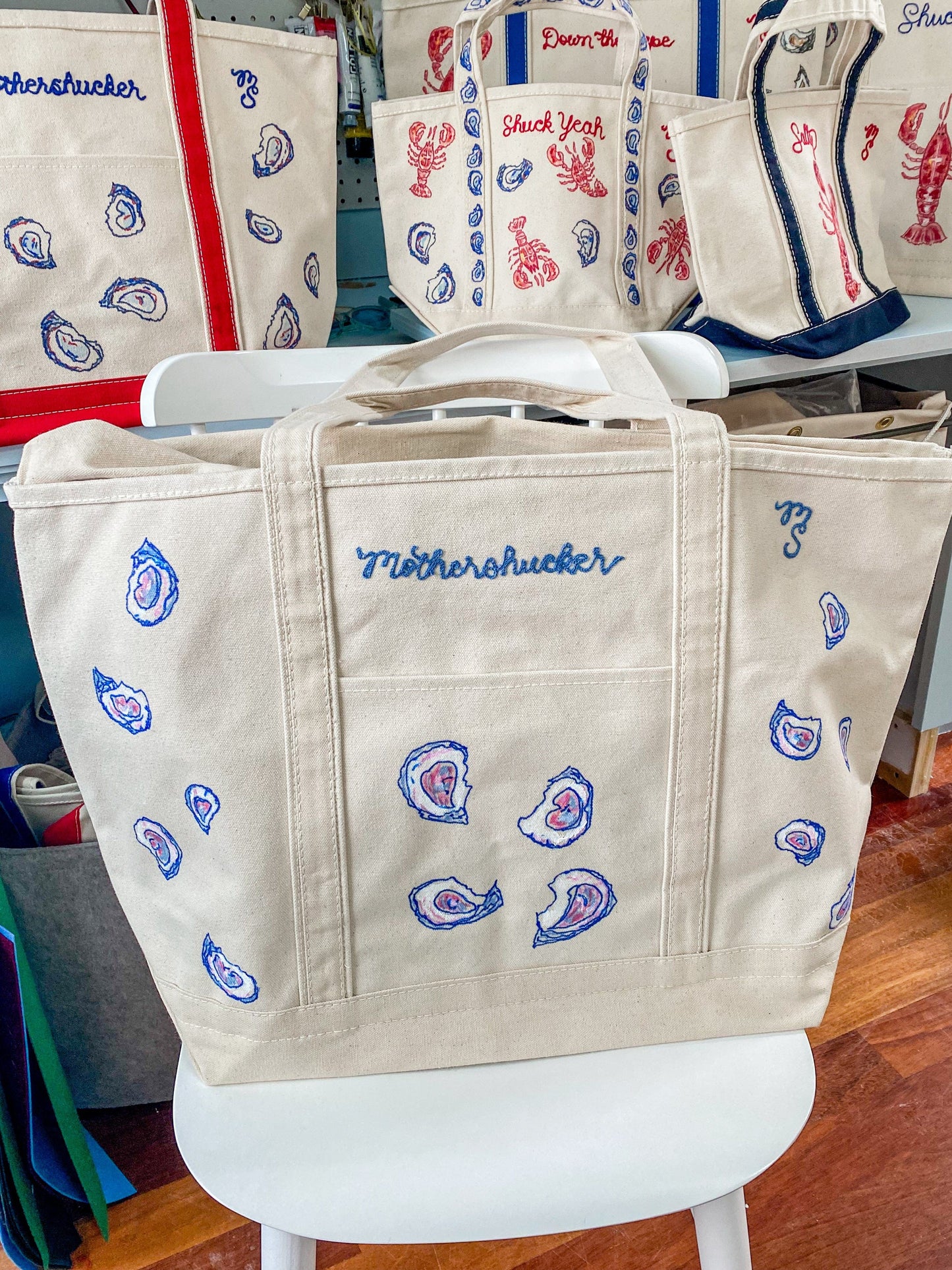 Maker / Scholar XL Mothershucker Hand Painted Tote (blue & pink)