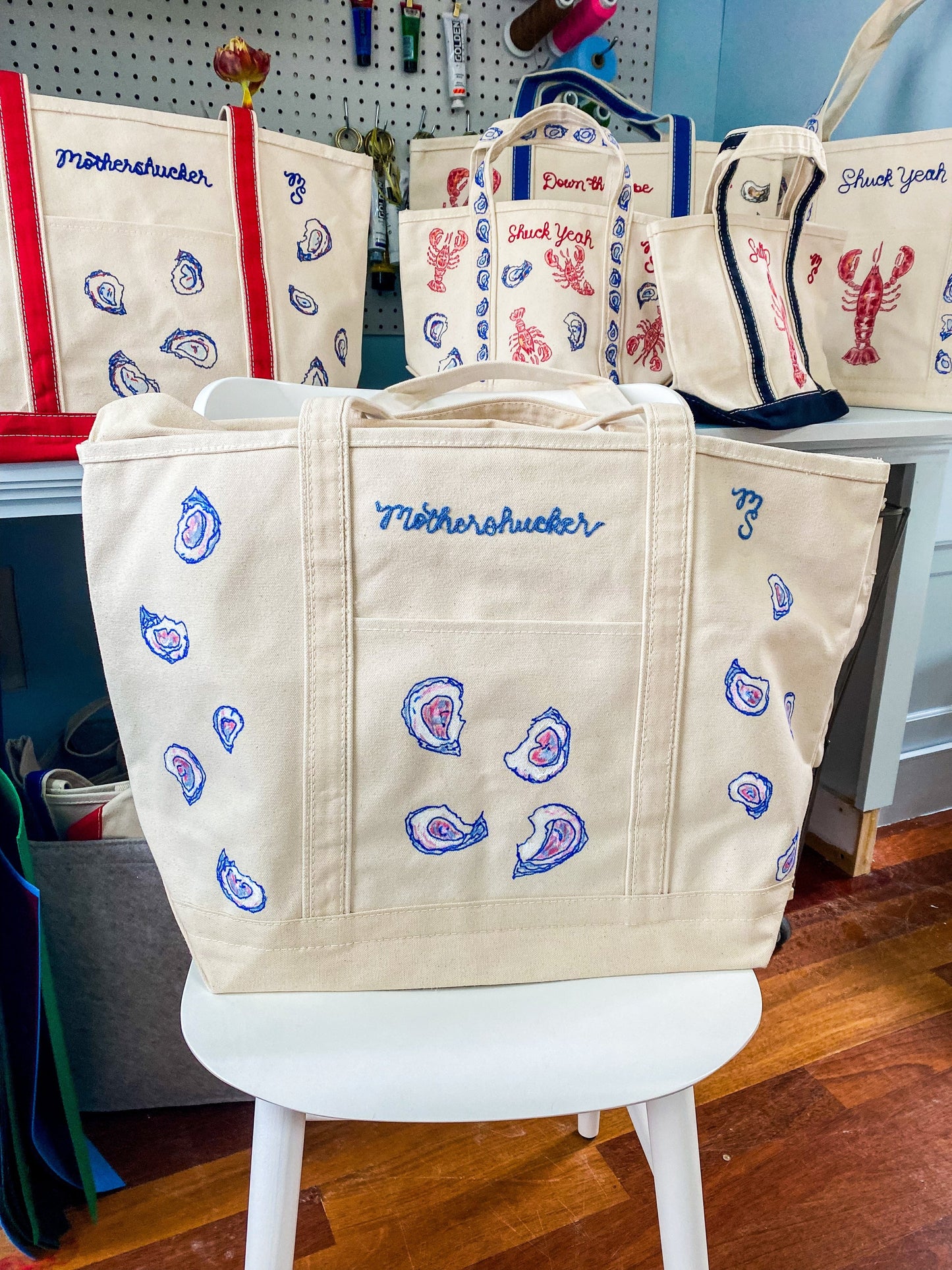 Maker / Scholar XL Mothershucker Hand Painted Tote (blue & pink)