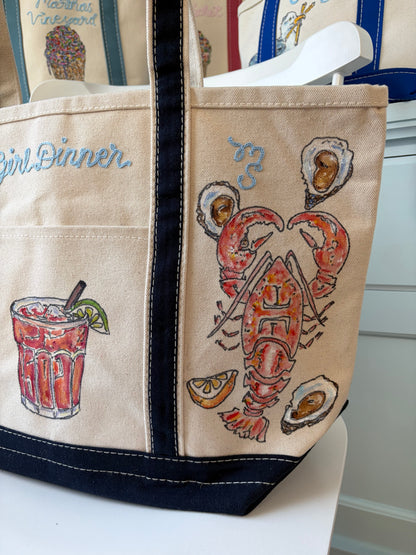 Maker / Scholar Cape Cod Girl Dinner Large Hand Painted Tote