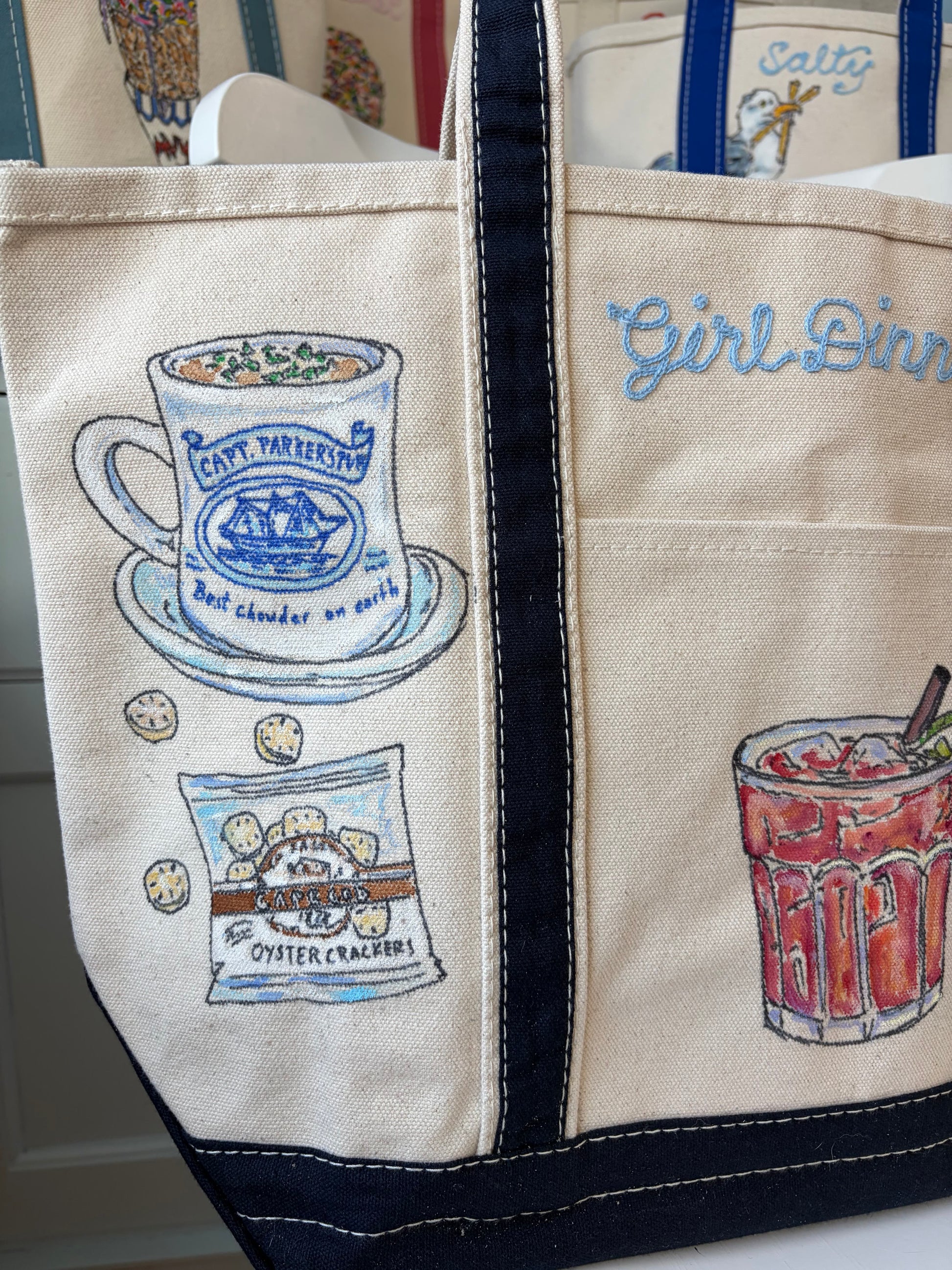 Maker / Scholar Cape Cod Girl Dinner Large Hand Painted Tote