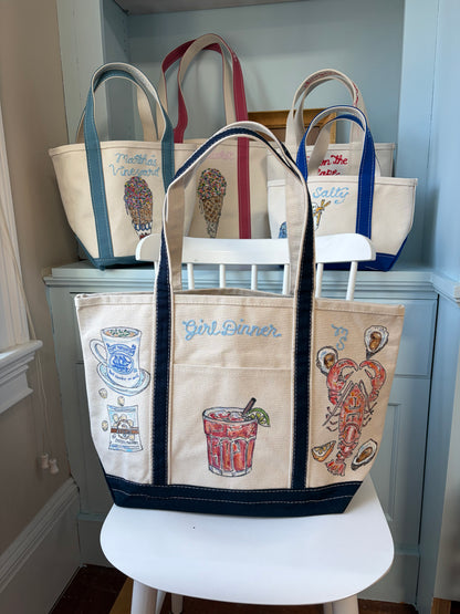 Maker / Scholar Cape Cod Girl Dinner Large Hand Painted Tote