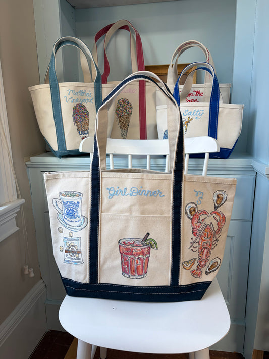 Maker / Scholar Cape Cod Girl Dinner Large Hand Painted Tote