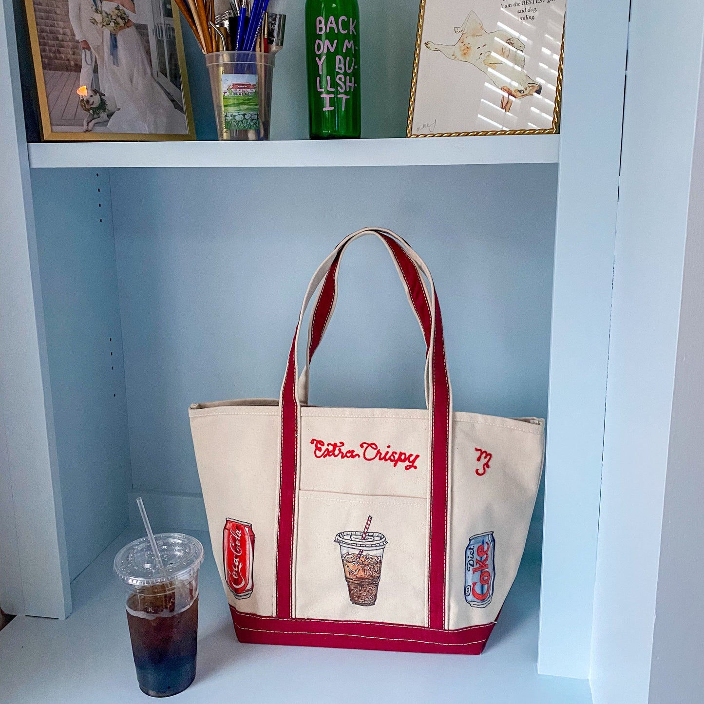 Maker / Scholar Extra Crispy Hand Painted Tote Bag (Crimson Strap)