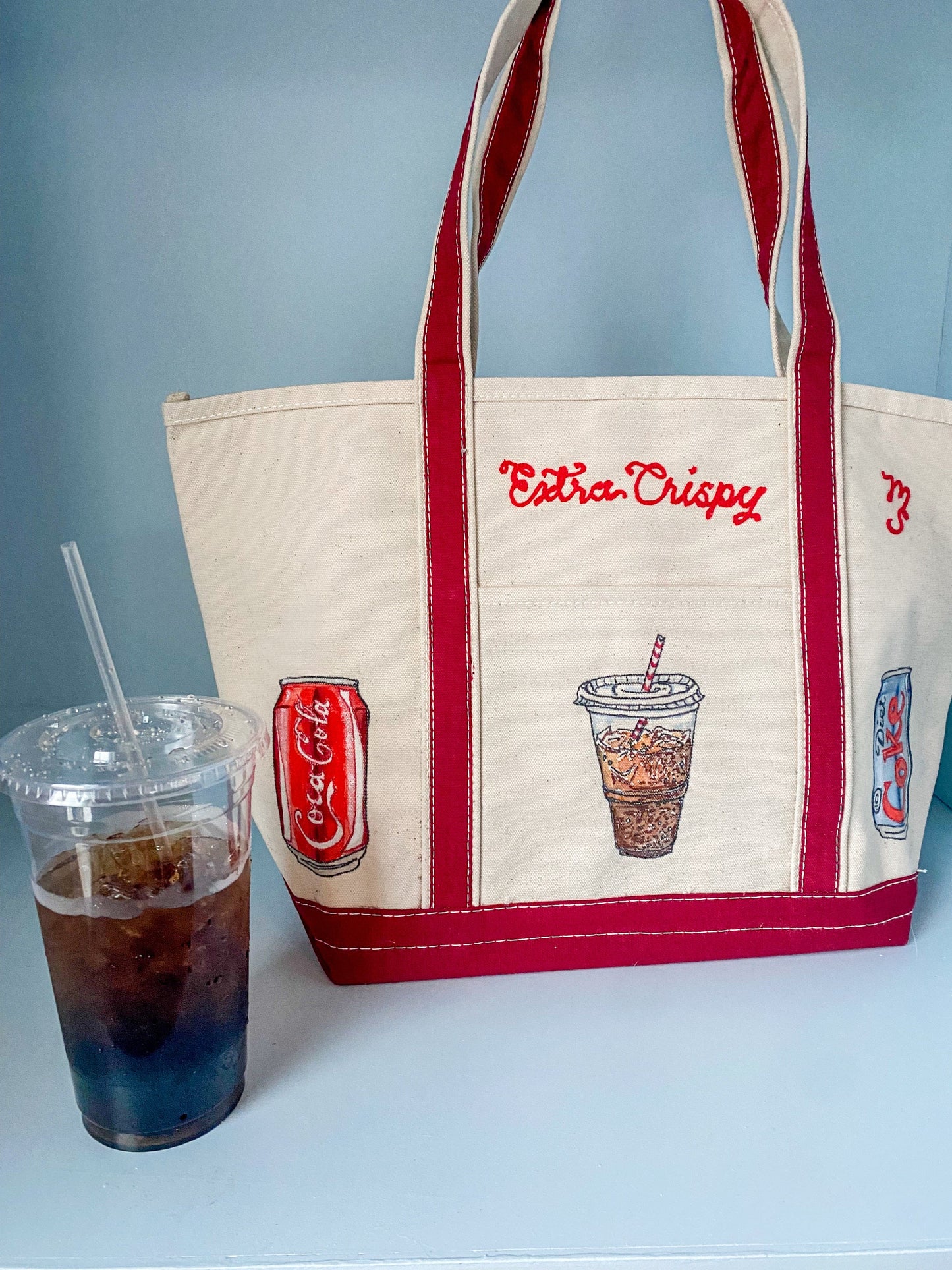 Maker / Scholar Extra Crispy Hand Painted Tote Bag (Crimson Strap)