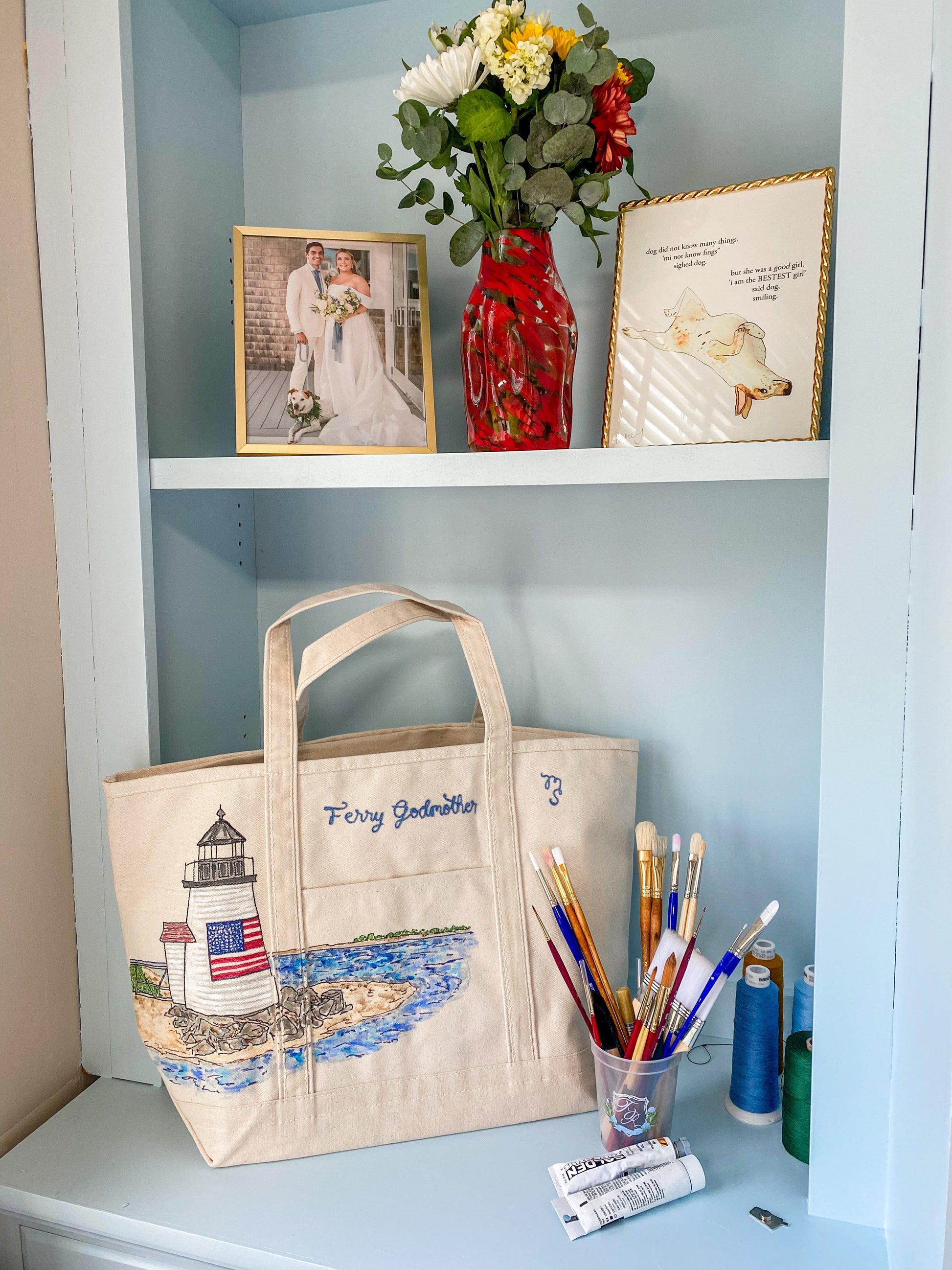 Maker / Scholar Ferry Godmother Handpainted Nantucket Tote Bag