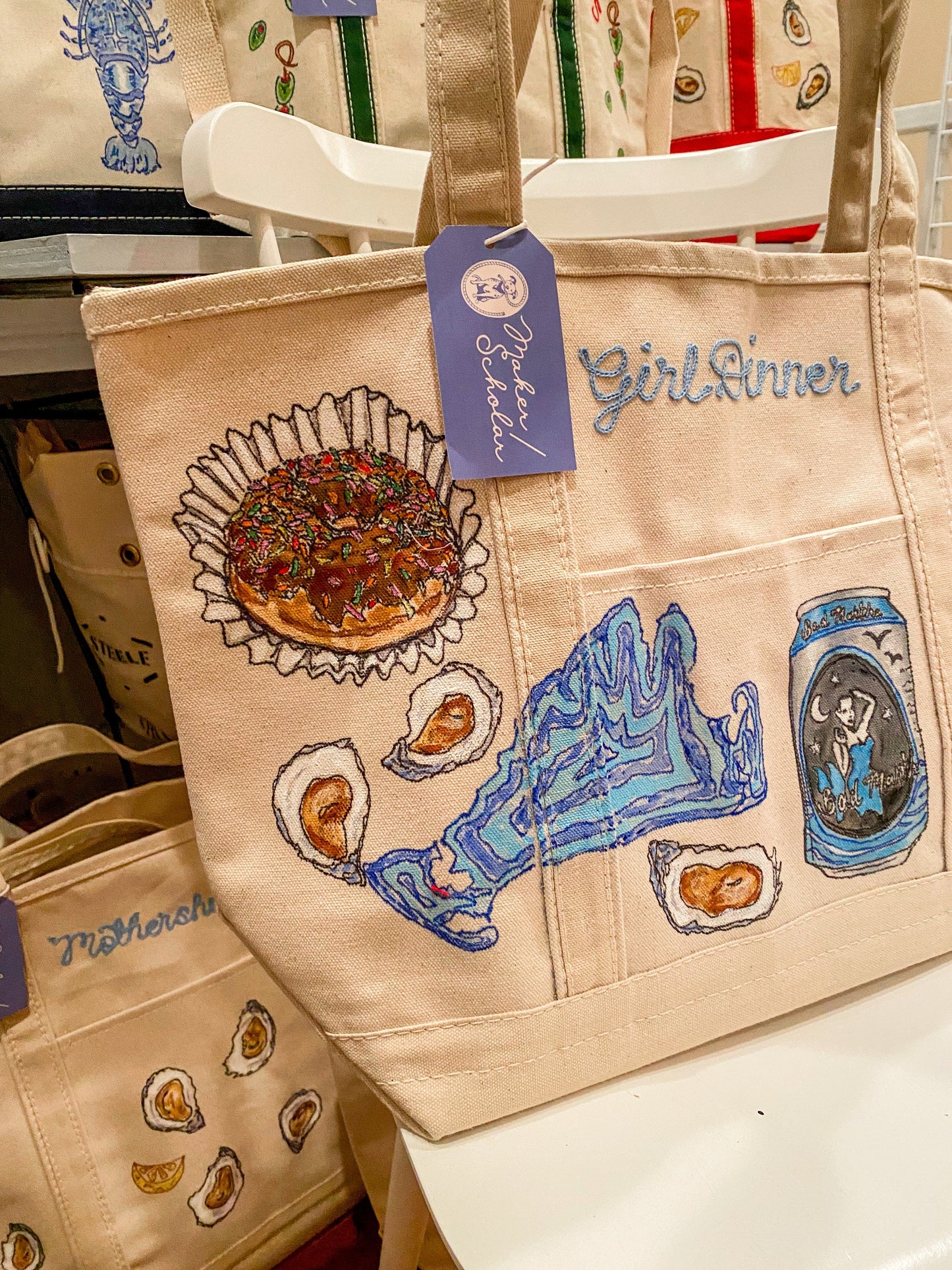 Maker / Scholar Large Martha’s Vineyard Girl Dinner Hand Painted Tote