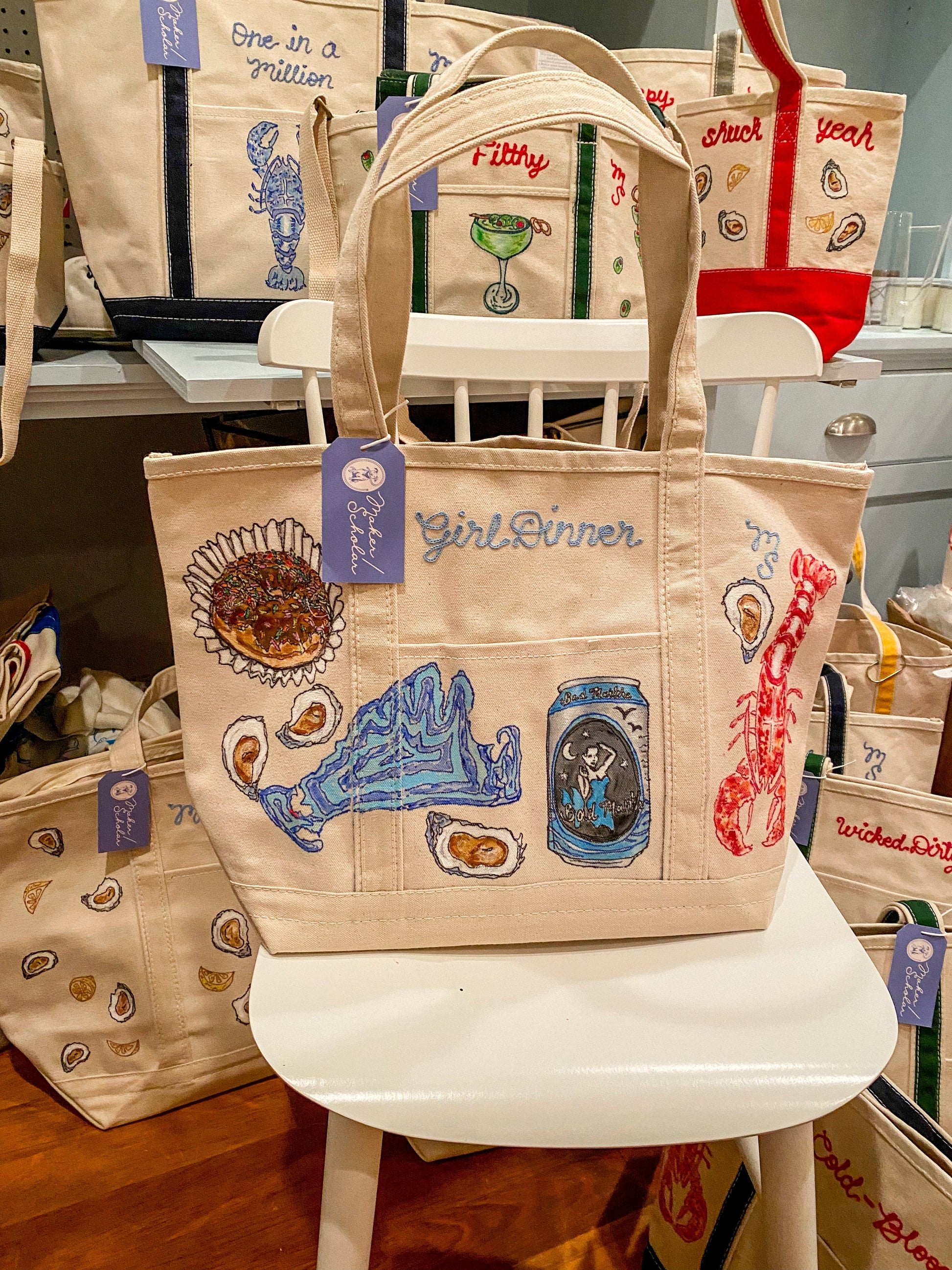 Maker / Scholar Large Martha’s Vineyard Girl Dinner Hand Painted Tote