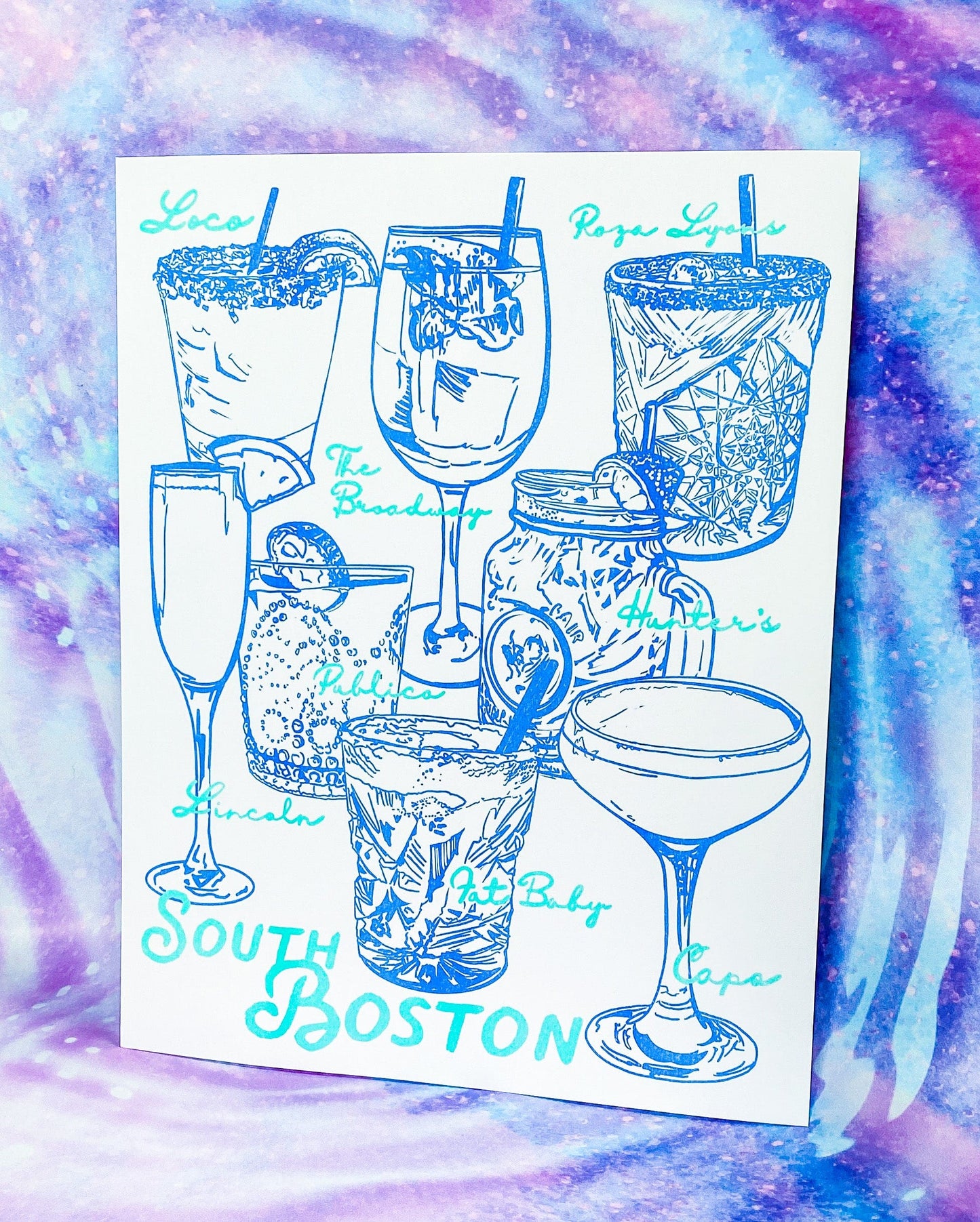 Maker / Scholar Southie Sips | Fine Art Risograph Print (multiple sizes) | Cornflower Blue & Mint