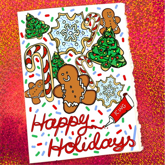 Happy Holidays | Holiday card with original art of gingerbread men, snowflake, and candy cane cookies