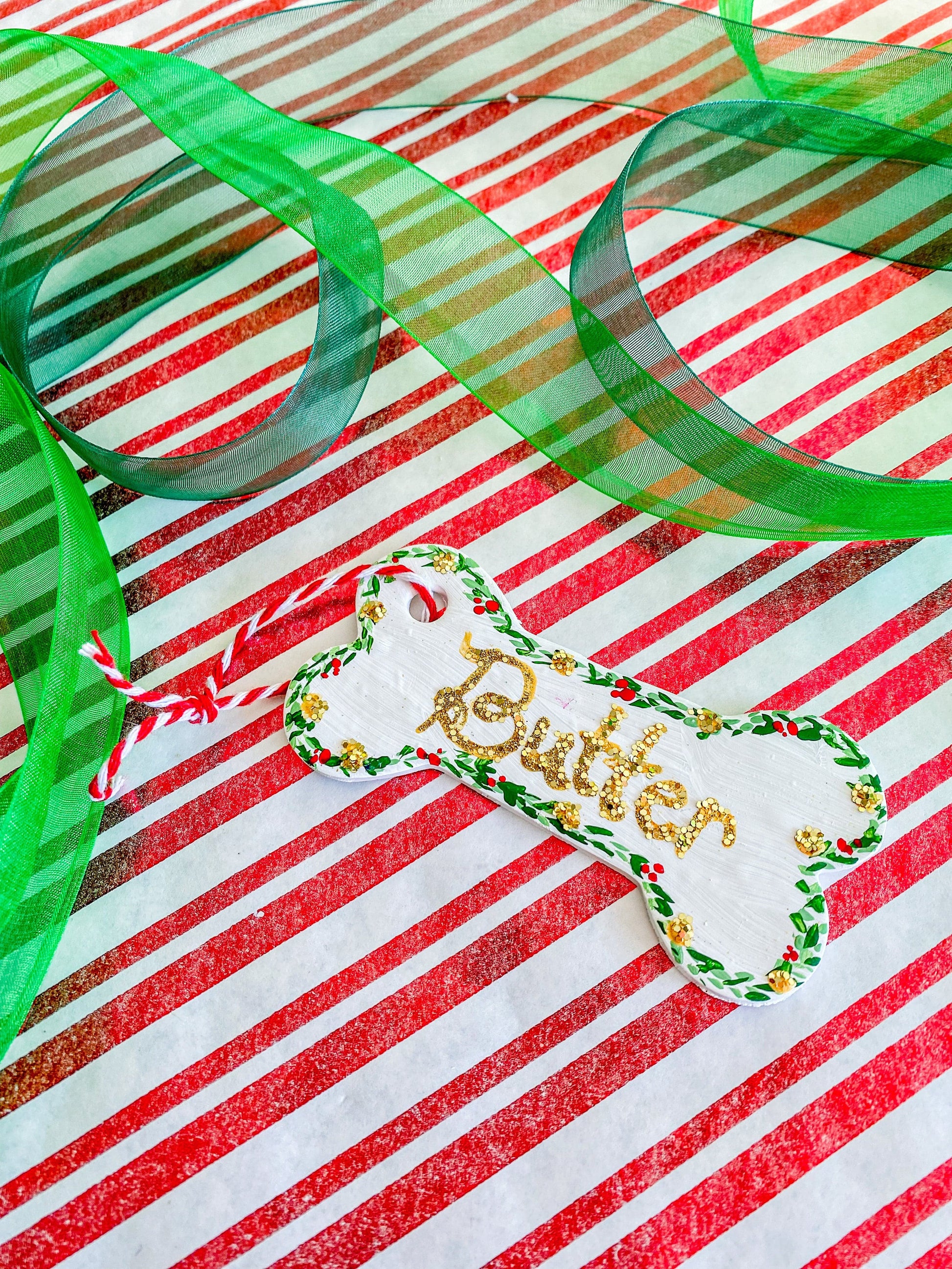 Maker / Scholar Holiday Ornaments Dog Bone Hand Painted Clay Ornament
